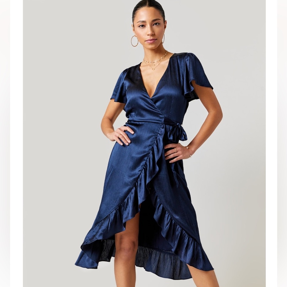 Francesca’s Janette Satin Wrap Midi Dress, Navy Blue, Size XS, NWT